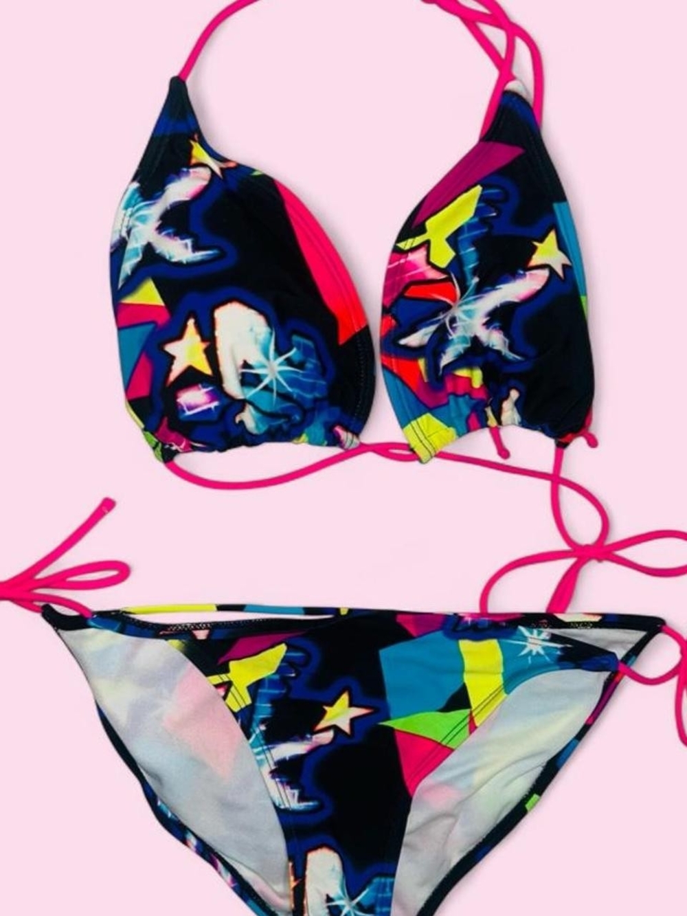 OP Neon Star Print Triangle Bikini - Navy with Hot Pink Accents